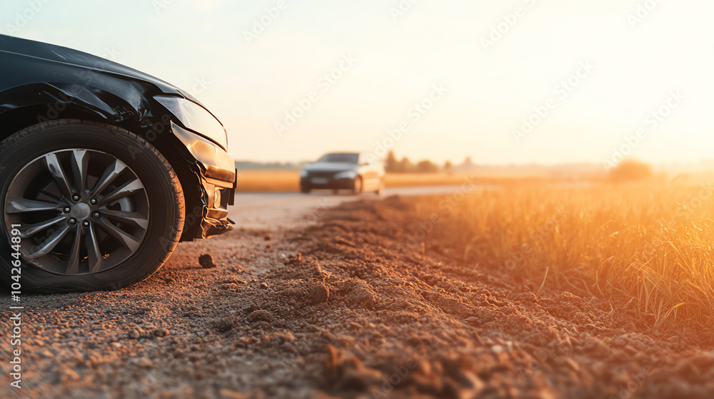 A close-up view of a flat tire on a car parked beside a dirt road, with another vehicle in the background during a golden sunset. A close-up view of a flat tire on a car parked beside a dirt road, with another vehicle in the background during a golden sunset.
