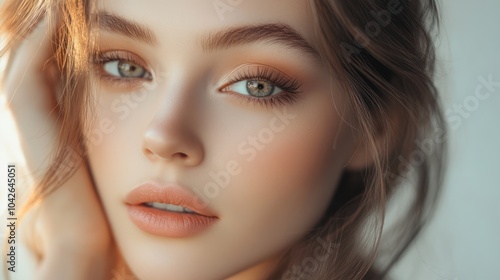 A close-up portrait of a young woman with natural makeup and soft lighting.