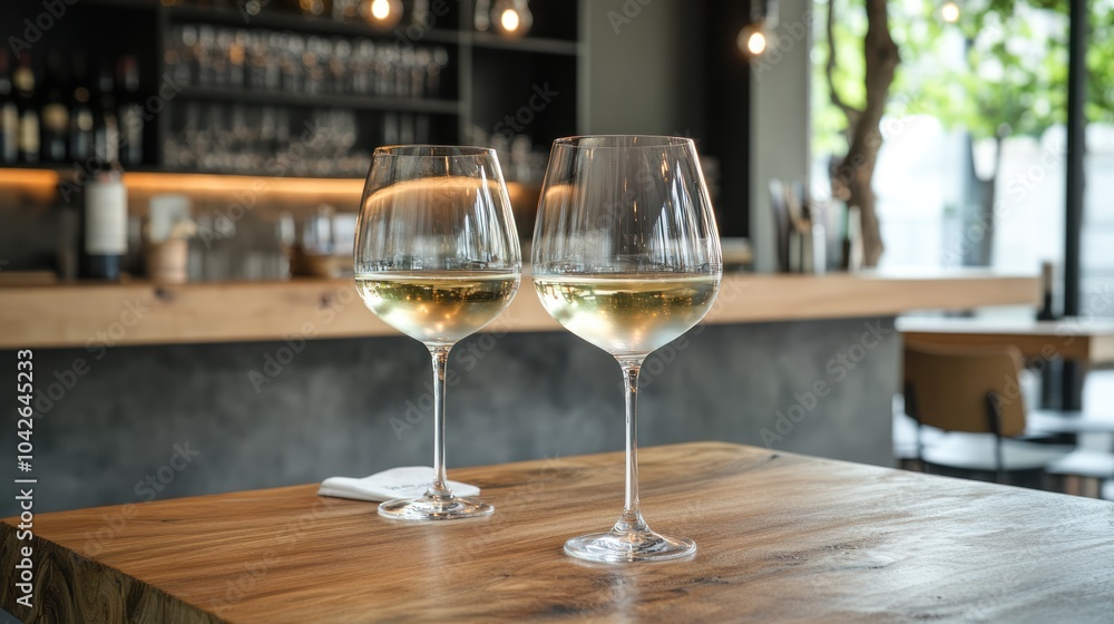 Two glasses of white wine on a wooden table in a modern bar setting. Two glasses of white wine on a wooden table in a modern bar setting.