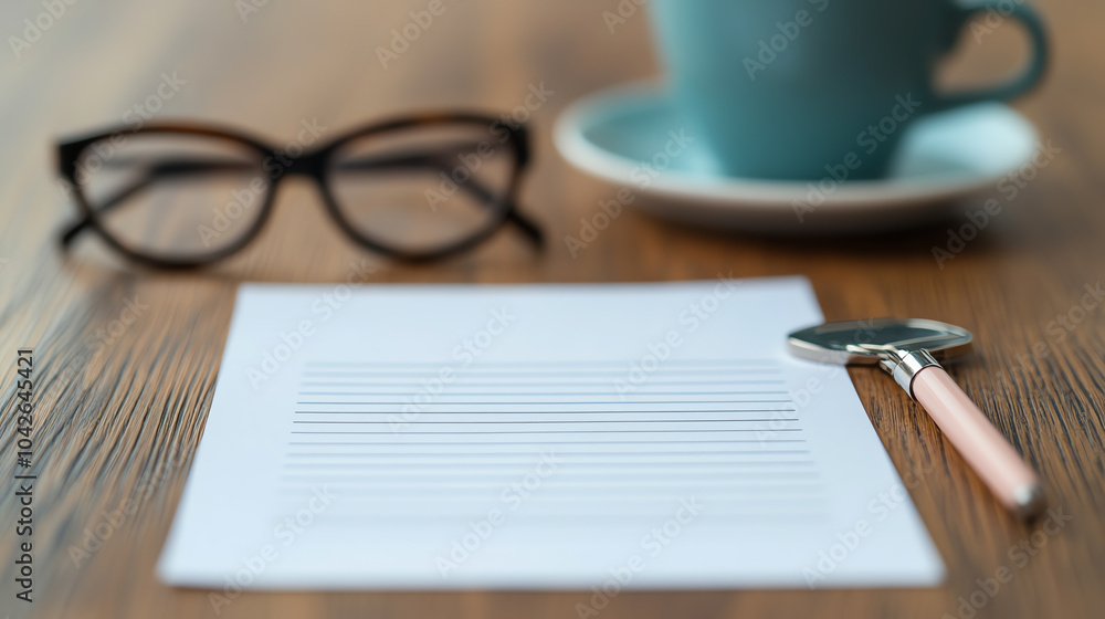 A cozy workspace featuring a notepad, glasses, and a cup of coffee on a wooden table, perfect for creativity and productivity. A cozy workspace featuring a notepad, glasses, and a cup of coffee on a wooden table, perfect for creativity and productivity.