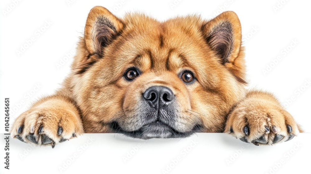 A close-up of a Chow Chow dog's face with paws resting on a surface. A close-up of a Chow Chow dog's face with paws resting on a surface.