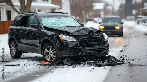 A damaged black SUV left on a snow-covered street, showcasing the aftermath of a winter car accident with broken glass and debris scattered around. photo