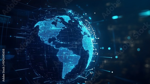 Blue hologram globe with world map with glowing data streams, ai global communication networks, virtual reality simulations, geospatial data visualization, and interactive educational experience