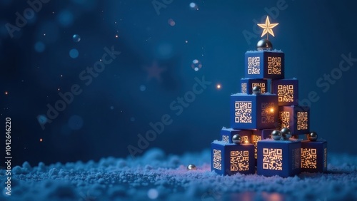 Blue blocks with QR codes arranged in the shape of a Christmas tree on a blue background. Minimalist design with copy space. Christmas and technology concept. Design for greeting card, banner, poster