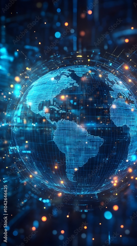 Obraz premium Blue hologram globe with world map with glowing data streams, ai global communication networks, virtual reality simulations, geospatial data visualization, and interactive educational experience