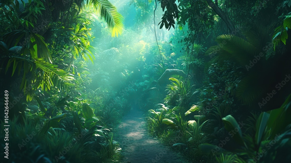 Fototapeta premium A serene jungle path illuminated by soft sunlight filtering through lush greenery.