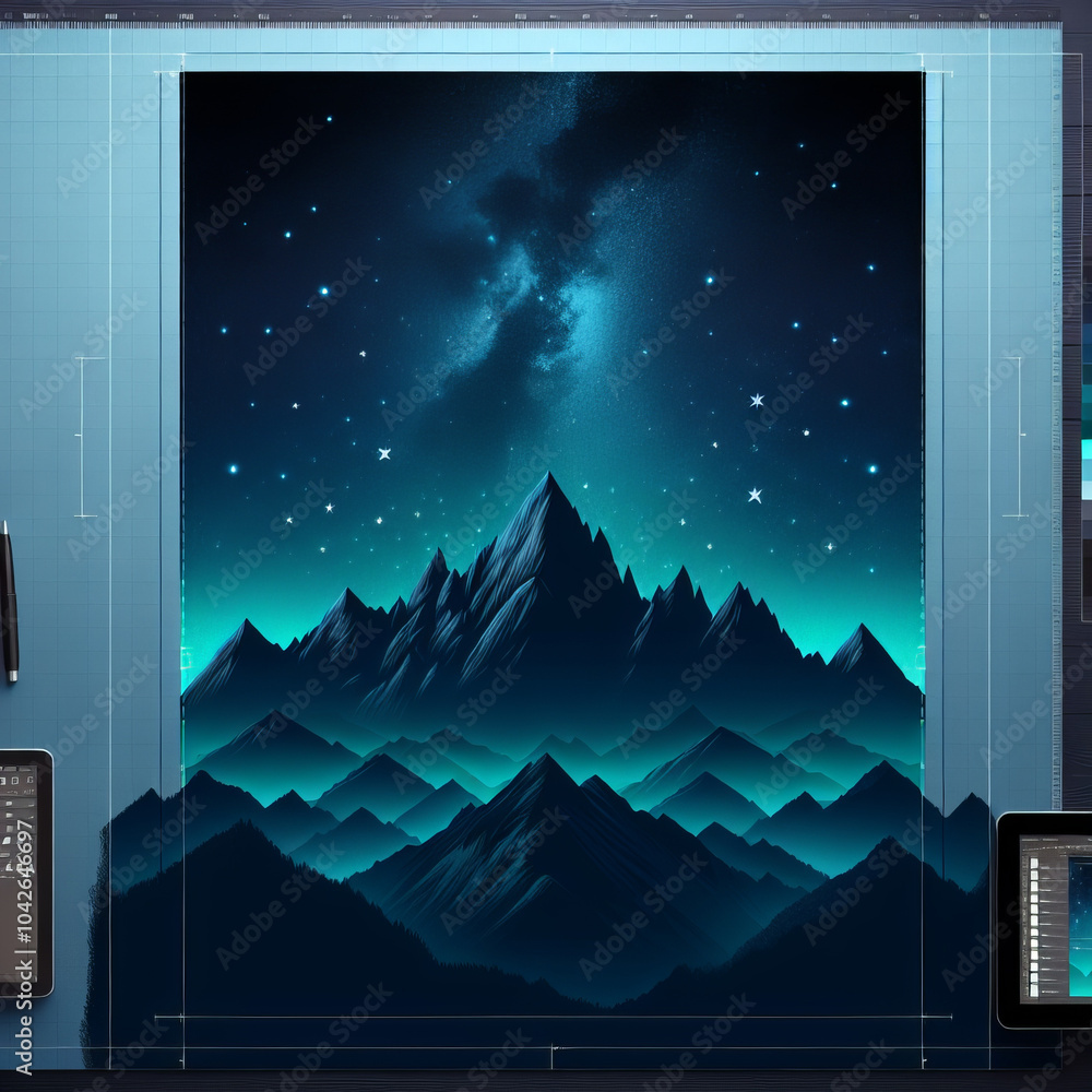 Obraz premium stunning digital artwork featuring majestic mountains under starry night sky, illuminated by vibrant turquoise glow. scene evokes sense of wonder and tranquility