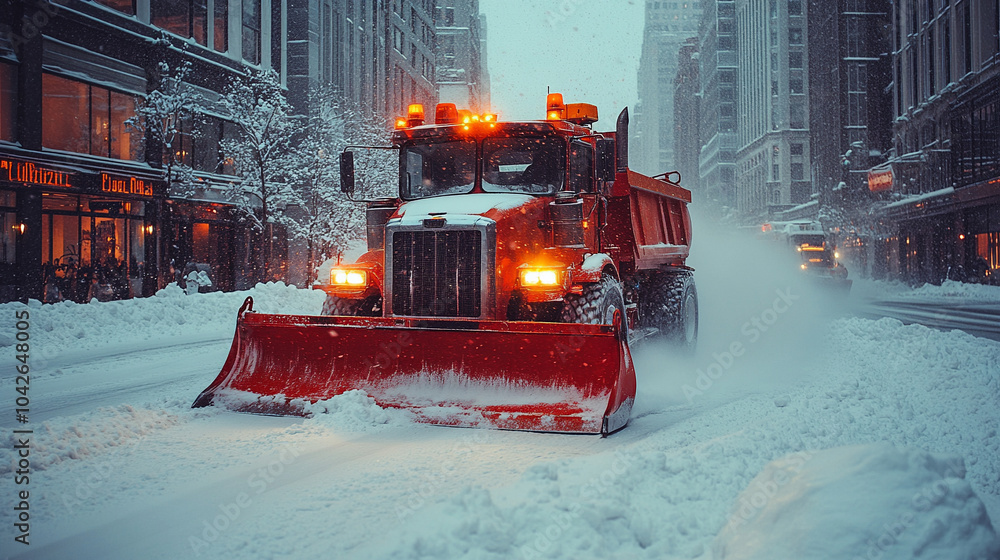 snowplow truck clears a snowy city street during winter. The powerful machine pushes through thick snow, symbolizing resilience, perseverance, and the unstoppable force of progress in urban life snowplow truck clears a snowy city street during winter. The powerful machine pushes through thick snow, symbolizing resilience, perseverance, and the unstoppable force of progress in urban life