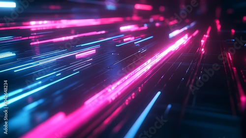 A vibrant, abstract representation of digital light trails in pink and blue, creating a dynamic, futuristic atmosphere.