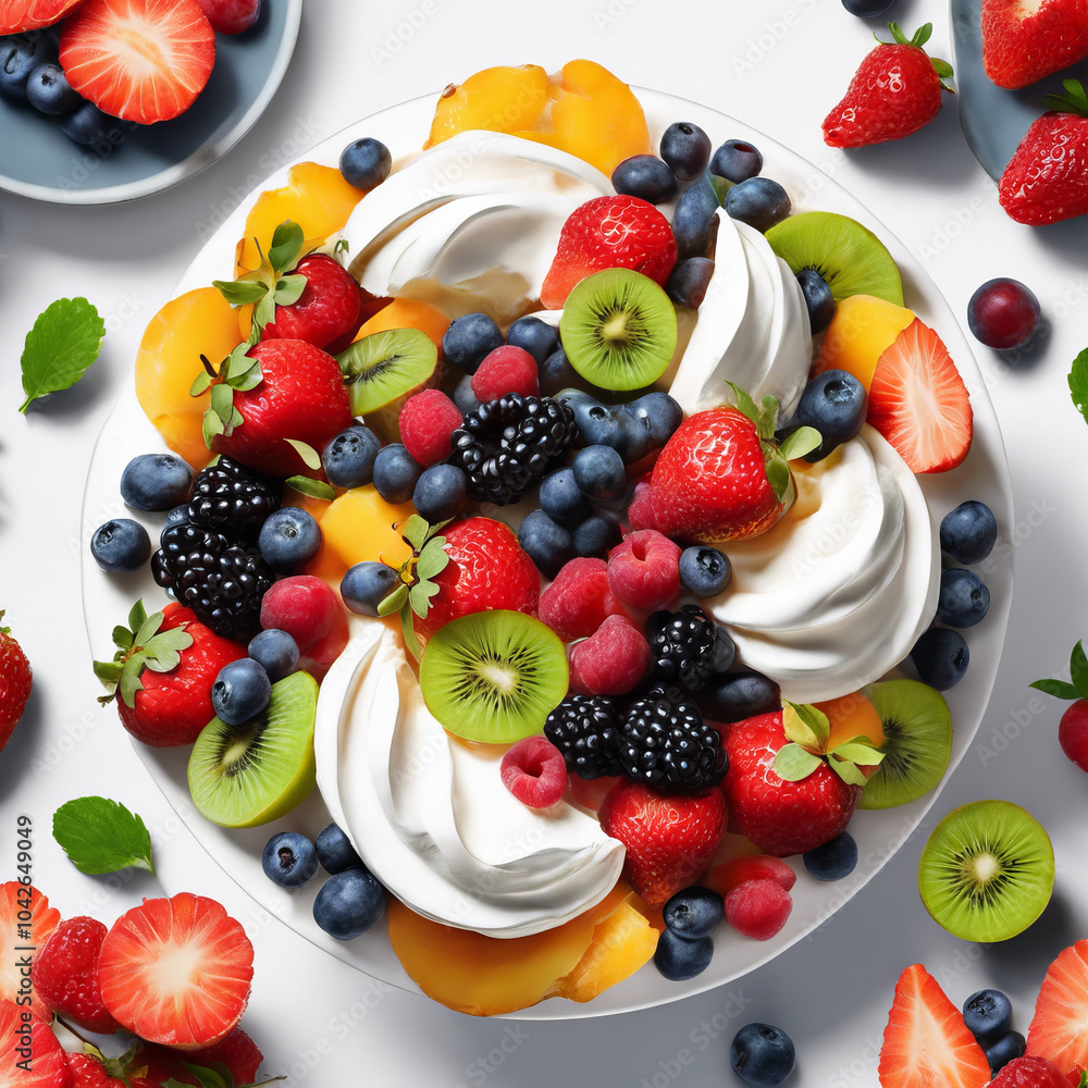 Fresh and vibrant fruit salad featuring strawberries, blueberries, blackberries, raspberries, kiwi, and peaches, topped with creamy whipped cream. delightful and colorful treat! Fresh and vibrant fruit salad featuring strawberries, blueberries, blackberries, raspberries, kiwi, and peaches, topped with creamy whipped cream. delightful and colorful treat!
