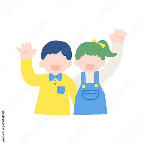 横に並んで手を振るこどもの仲良しペア[男女]のフラットなイラスト
