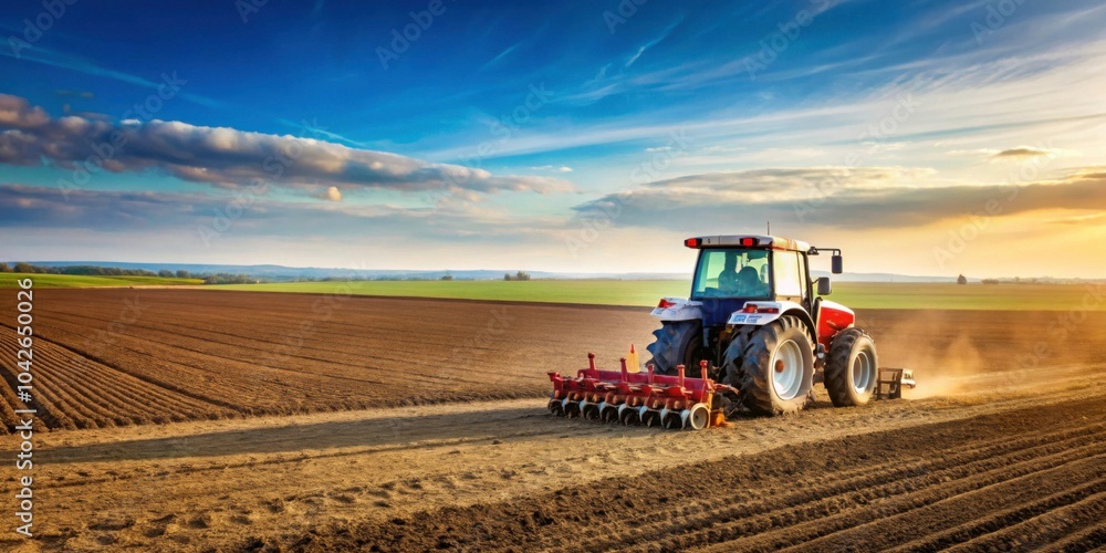 Obraz premium Farmer using a tractor to plant seeds in a vast field, farmer, tractor, seeding, crops, agriculture, planting, seeds