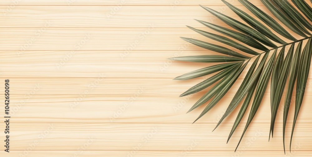 Fototapeta premium A palm leaf rests on a light wooden background, creating a tropical and serene atmosphere.