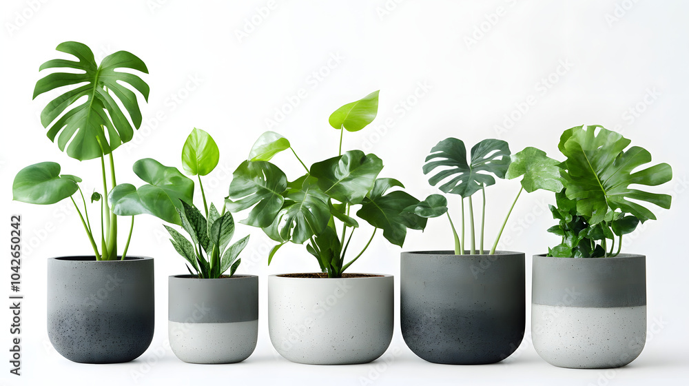Fototapeta premium Stylish concrete pots featuring Monstera plants in different growth stages