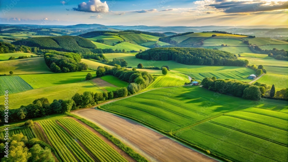 Fototapeta premium Aerial view of green cornfields surrounded by meadows and lush forests in the hilly countryside, aerial view, green, cornfields