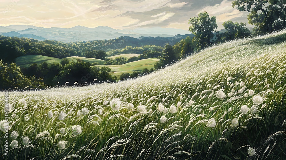 Fototapeta premium A scenic journey through a vast meadow where grass waves like the ocean under a gentle breeze