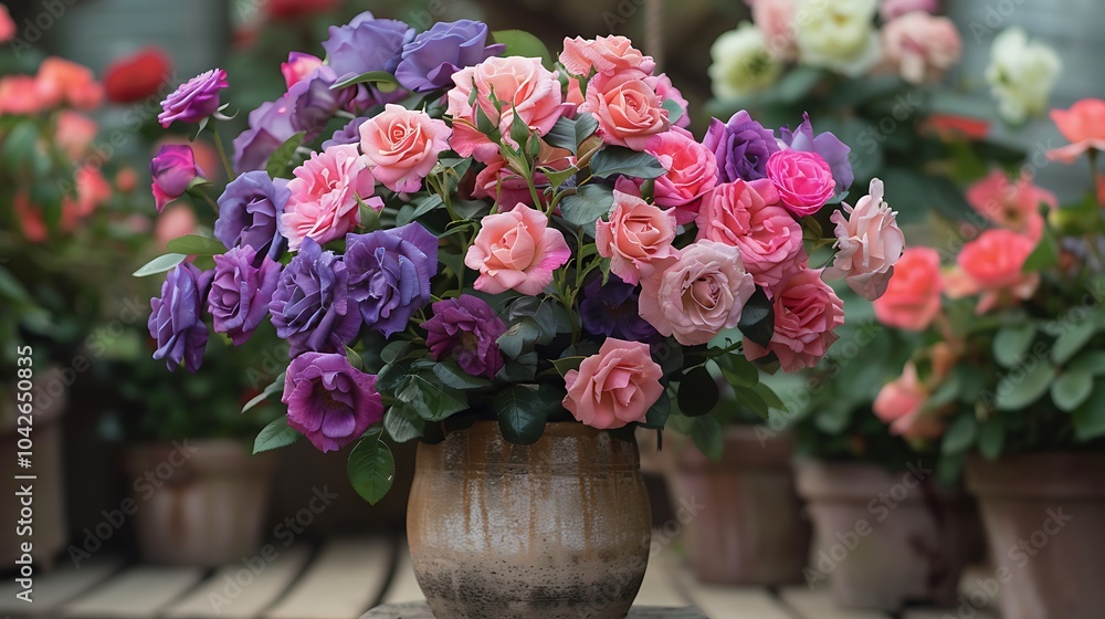 Fototapeta premium A vibrant display of pink and purple roses in a ceramic pot placed on a backdrop