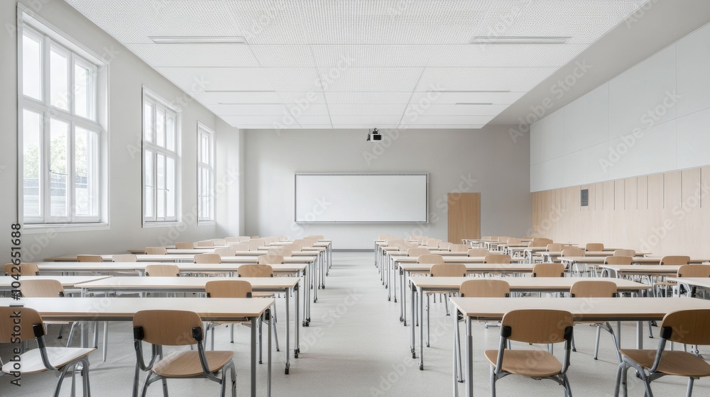Empty classroom with rows of desks and chairs, a whiteboard, and large windows. Empty classroom with rows of desks and chairs, a whiteboard, and large windows.