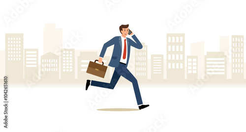 街の中を走りながらスマートフォンで通話するスーツ姿の男性のフラットなベクターイラスト画像