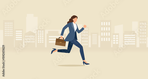 街の中を走るスーツ姿の女性のフラットなベクターイラスト画像