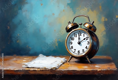 alarm clock is on the table, oil painting
