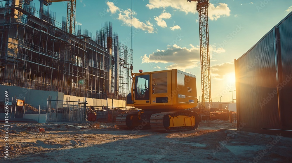 Excavator on a Construction Site at Sunset Excavator on a Construction Site at Sunset