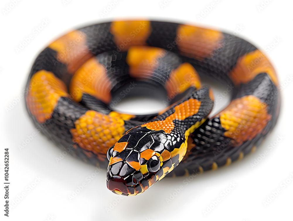 brightly colored beaked sea snake coiled on white surface brightly colored beaked sea snake coiled on white surface