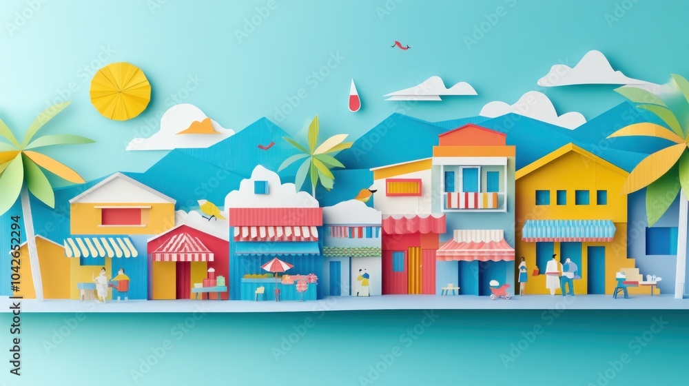 Colorful paper-cut style scene of a vibrant coastal town with shops and palm trees. Colorful paper-cut style scene of a vibrant coastal town with shops and palm trees.