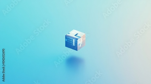 Minimalist Abstract Cube 3D Render, Blue Background, Holographic