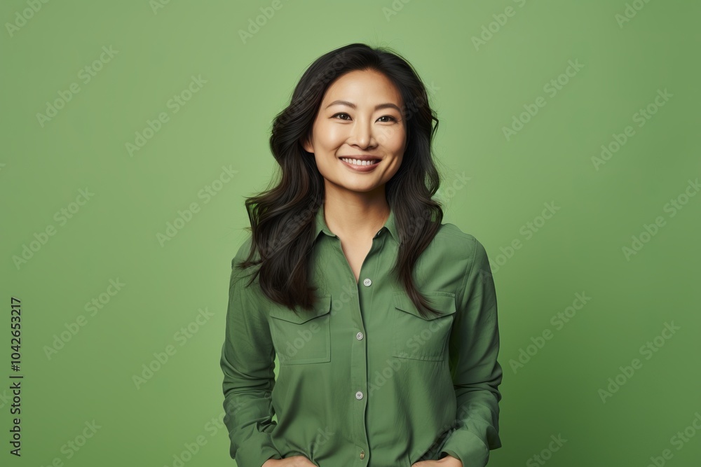 Portrait of a smiling young asian businesswoman standing against green background Portrait of a smiling young asian businesswoman standing against green background