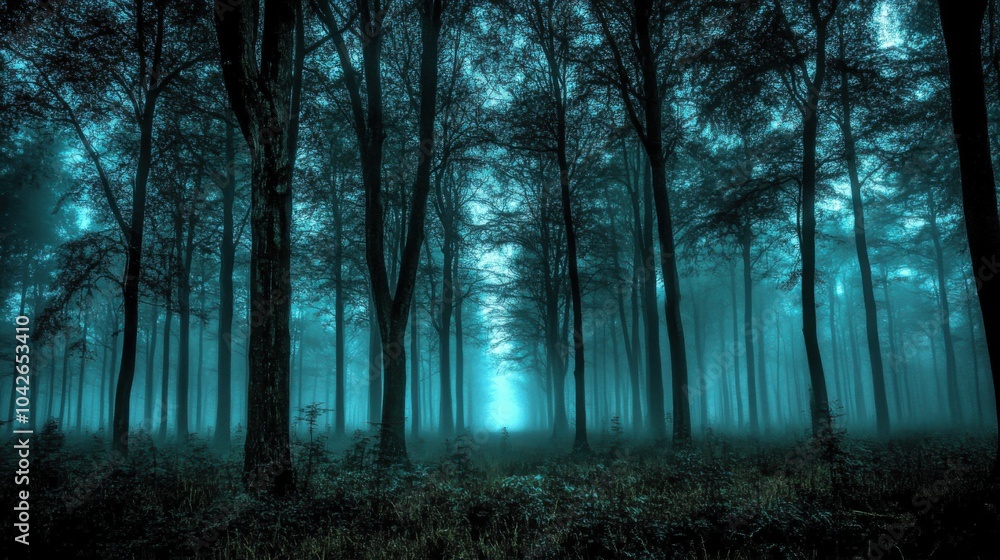 Ethereal blue light glows through trees in a mysterious foggy forest Ethereal blue light glows through trees in a mysterious foggy forest