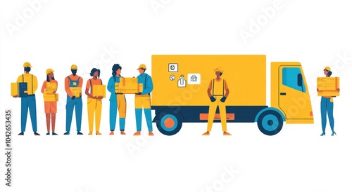 A group of diverse workers beside a yellow delivery truck, showcasing teamwork in logistics.