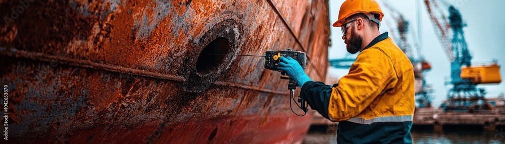 A man in a yellow jacket is working on a rusty ship A man in a yellow jacket is working on a rusty ship