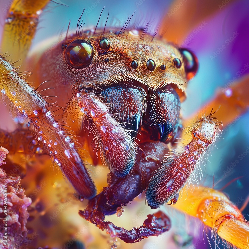 Macro extremo de la cabeza de una araña con detalles de colmillos y ...