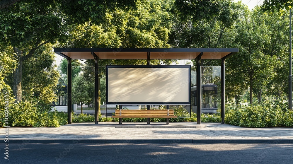 Bus stop station vertical bilboard mockup. Modern bus station, beside main street. Isolated surface with shade of tree branches Bus stop station vertical bilboard mockup. Modern bus station, beside main street. Isolated surface with shade of tree branches