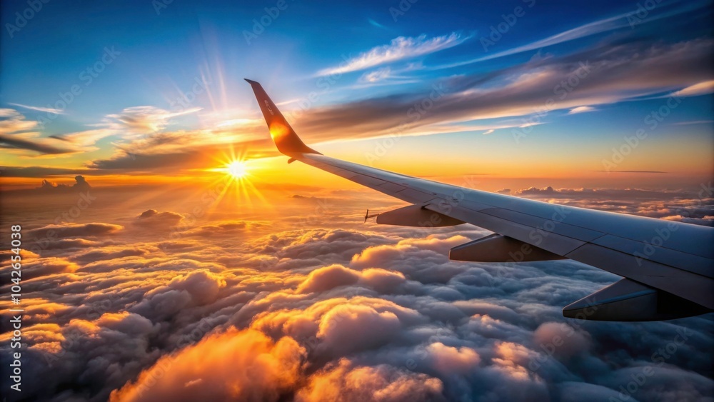 Naklejka premium Rising sun hitting the wing of a plane in the sky, Airplane, Sunrise, Flight, Travel, Air travel, Transportation, Jet, Sky