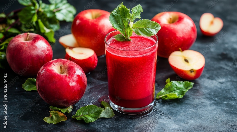 Glass of Red Apple Juice with Whole and Sliced Apples and Green Leaves Glass of Red Apple Juice with Whole and Sliced Apples and Green Leaves