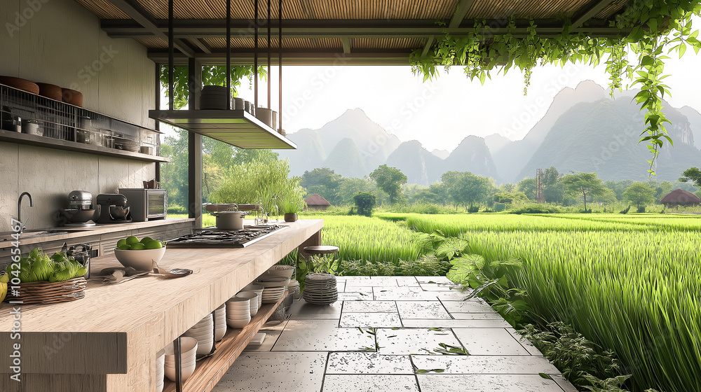 Fototapeta premium Tropical Outdoor Kitchen with Rice Field View