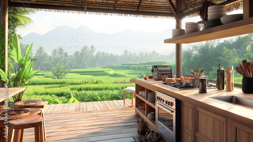 Tropical Outdoor Kitchen with Rice Field View