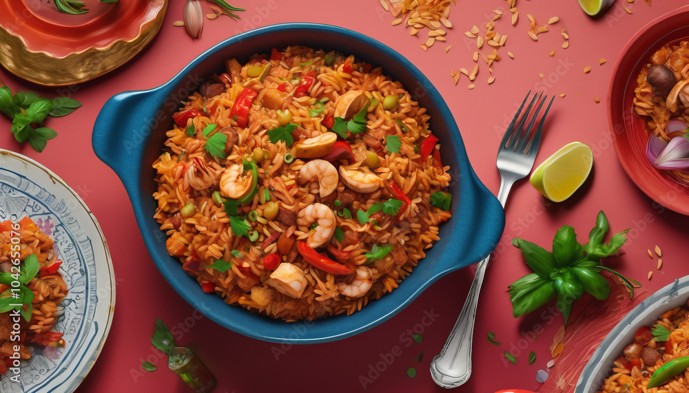 Delicious shrimp rice dish garnished with fresh herbs and vibrant vegetables, served in blue bowl. Perfect for festive meal or gathering Delicious shrimp rice dish garnished with fresh herbs and vibrant vegetables, served in blue bowl. Perfect for festive meal or gathering