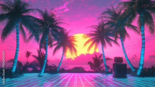 Neon Retro Sunset with Palm Trees and 80s Synthwave Aesthetic