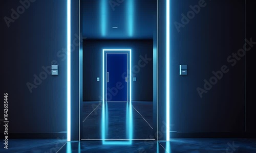 Abstract blue background with doors and lights, dark room with neon light in the style of 3D rendering, high resolution.