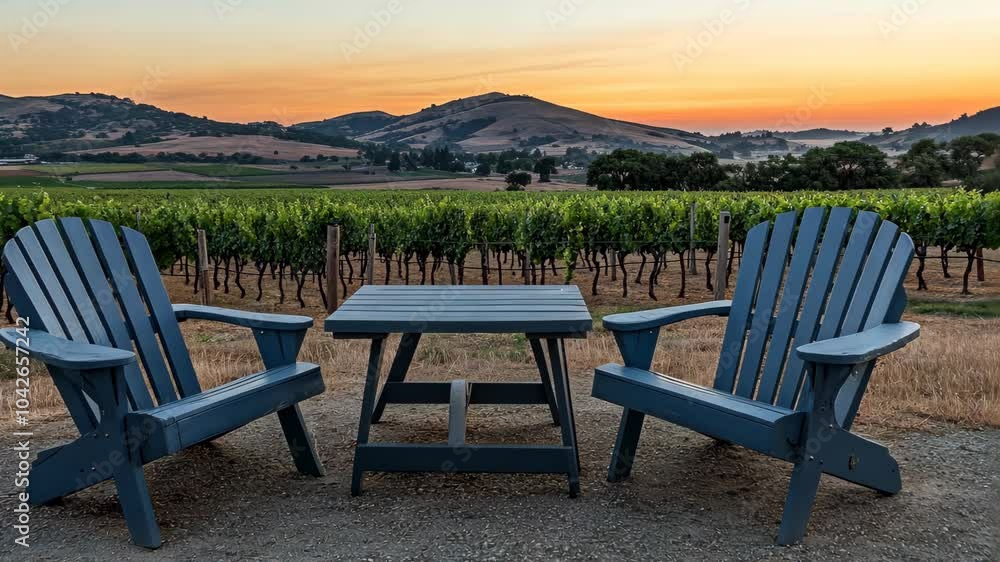 Two blue chairs and a table sit in a vineyard at sunset, facing a beautiful view of rolling hills Two blue chairs and a table sit in a vineyard at sunset, facing a beautiful view of rolling hills