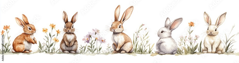 Obraz premium Five cute bunnies sitting in a row amongst green grass and flowers, illustrated in a watercolor style.