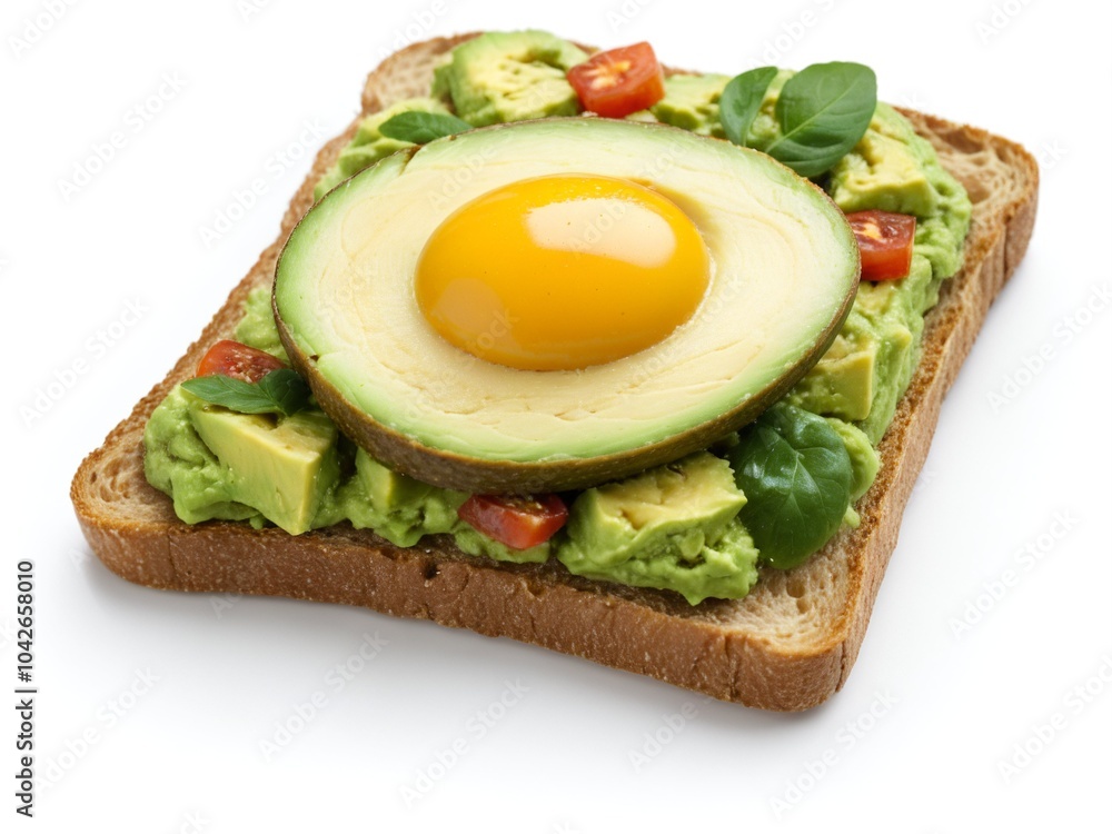 Creative avocado egg toast with fresh basil and tomatoes Creative avocado egg toast with fresh basil and tomatoes