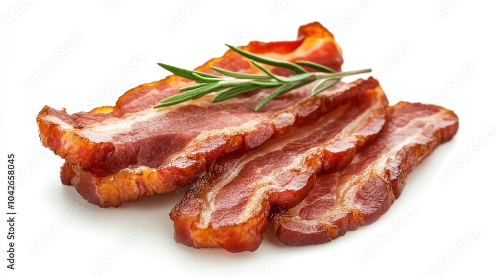 Slices of cooked bacon garnished with a sprig of rosemary on a white background. Slices of cooked bacon garnished with a sprig of rosemary on a white background.