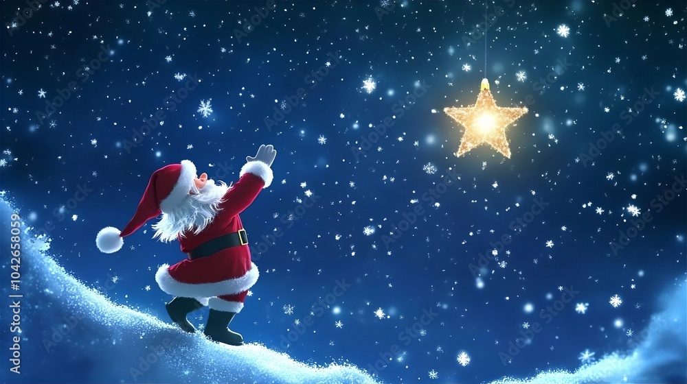 Santa Claus on a snowy roof during Christmas night with a cheerful atmosphere, featuring a snowman, Christmas tree, and a bright moon and stars in the background Santa Claus on a snowy roof during Christmas night with a cheerful atmosphere, featuring a snowman, Christmas tree, and a bright moon and stars in the background