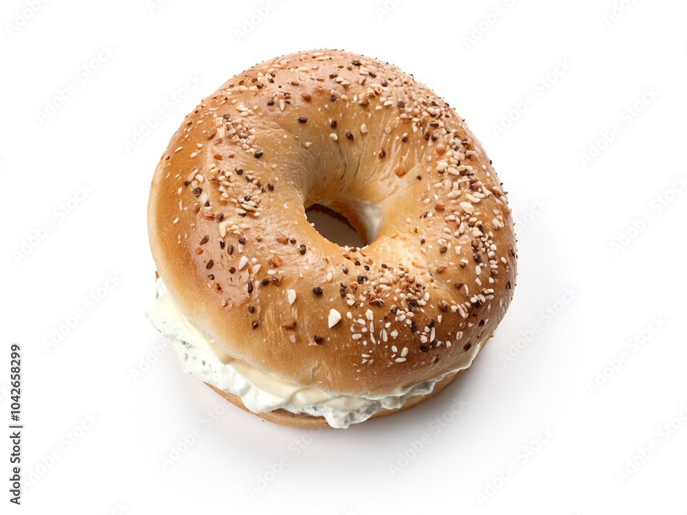 Fresh sesame seed bagel with cream cheese on white background Fresh sesame seed bagel with cream cheese on white background
