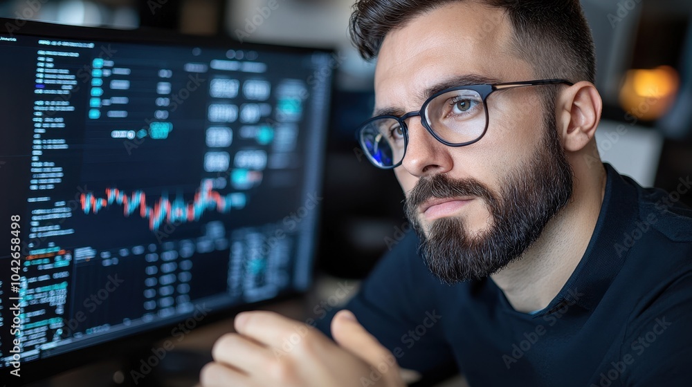 Focused Professional Analyzing Data Trends on Screen for Business Insights in Modern Workspace Environment Focused Professional Analyzing Data Trends on Screen for Business Insights in Modern Workspace Environment