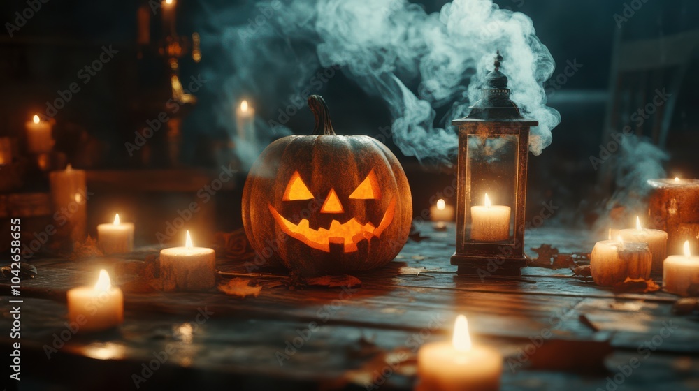 Fototapeta premium Halloween Pumpkin and Lantern on Rustic Table